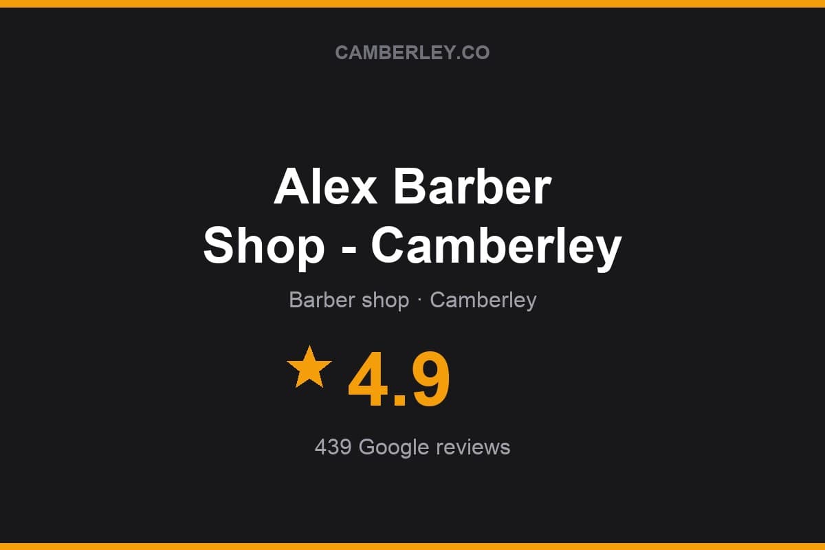 Branded Camberley.co rating card for Alex Barber Shop - Camberley: 4.9 stars, 439 Google reviews
