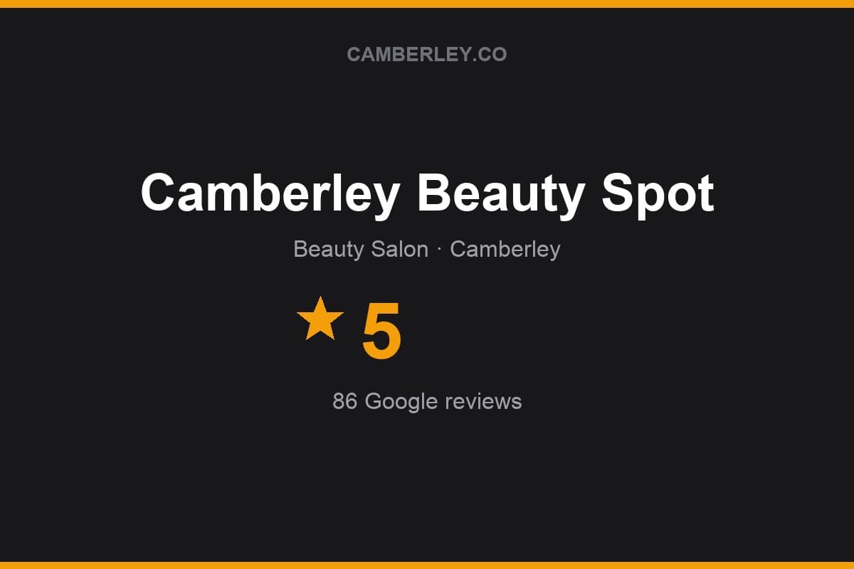Branded Camberley.co rating card for Camberley Beauty Spot: 5 stars, 86 Google reviews