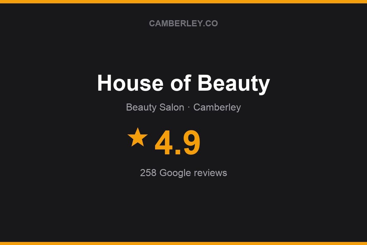 Branded Camberley.co rating card for House of Beauty: 4.9 stars, 258 Google reviews
