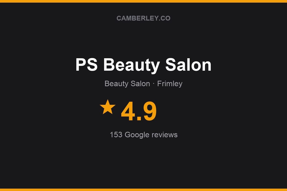Branded Camberley.co rating card for PS Beauty Salon: 4.9 stars, 153 Google reviews