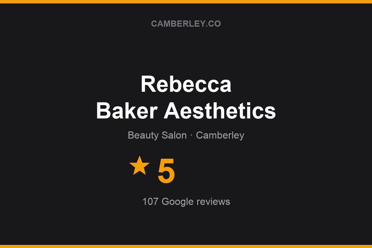 Branded Camberley.co rating card for Rebecca Baker Aesthetics: 5 stars, 107 Google reviews