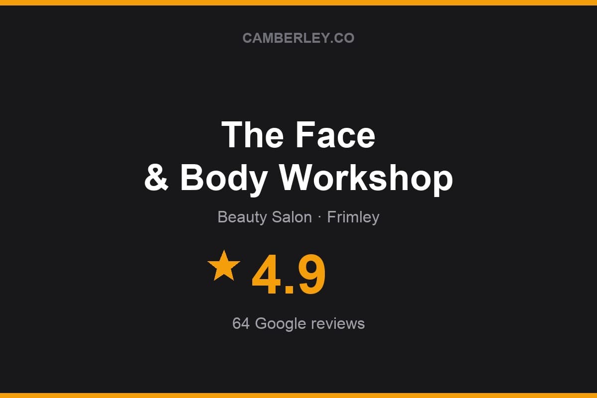 Branded Camberley.co rating card for The Face & Body Workshop: 4.9 stars, 64 Google reviews