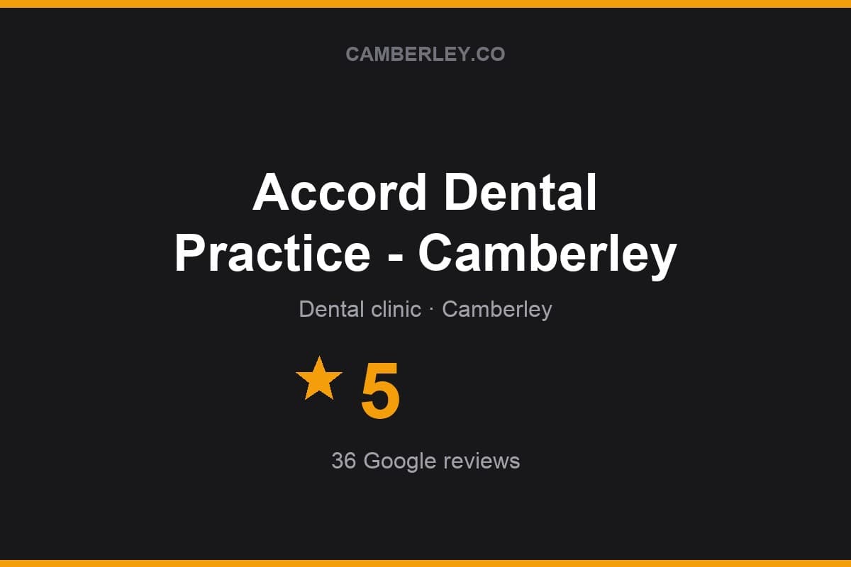 Branded Camberley.co rating card for Accord Dental Practice - Camberley: 5 stars, 36 Google reviews