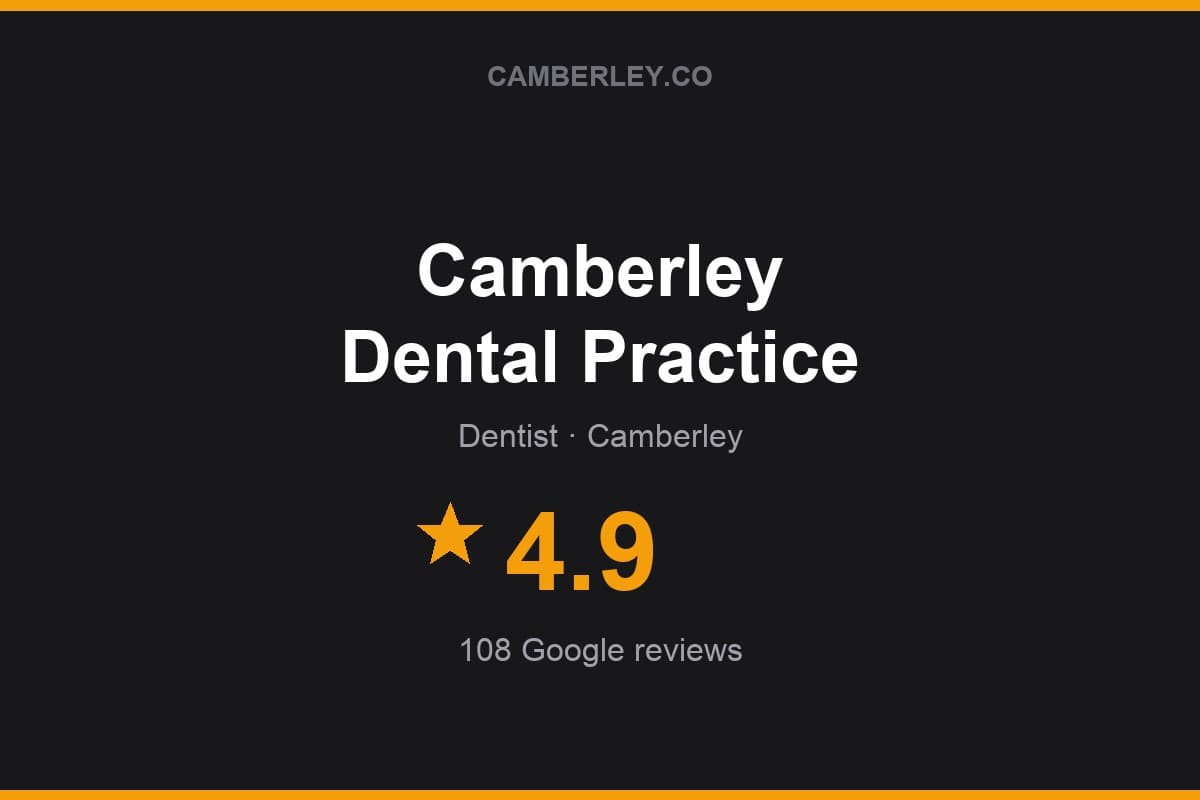 Branded Camberley.co rating card for Camberley Dental Practice: 4.9 stars, 108 Google reviews