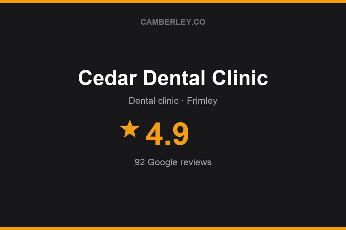 Branded Camberley.co rating card for Cedar Dental Clinic: 4.9 stars, 92 Google reviews