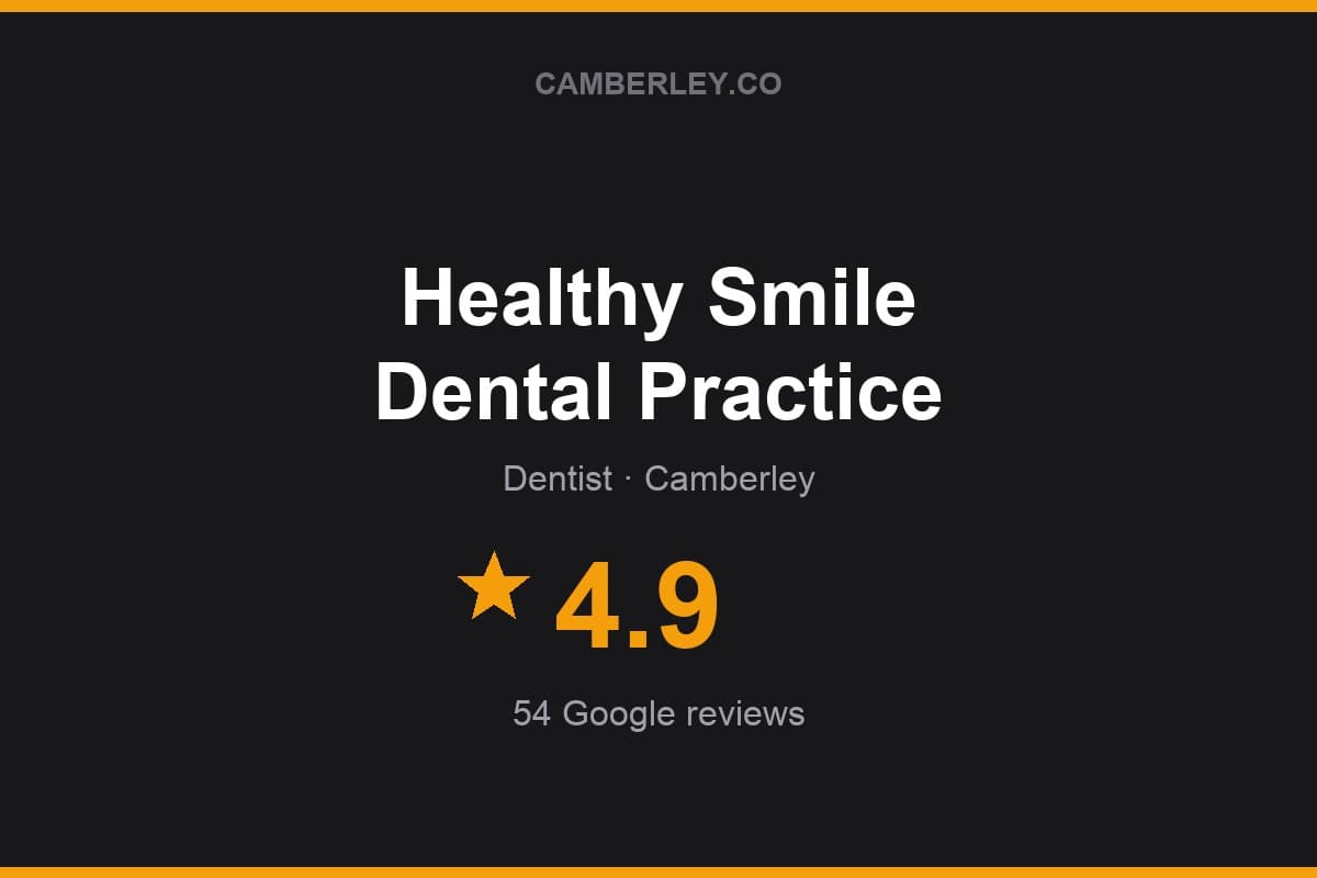 Branded Camberley.co rating card for Healthy Smile Dental Practice: 4.9 stars, 54 Google reviews