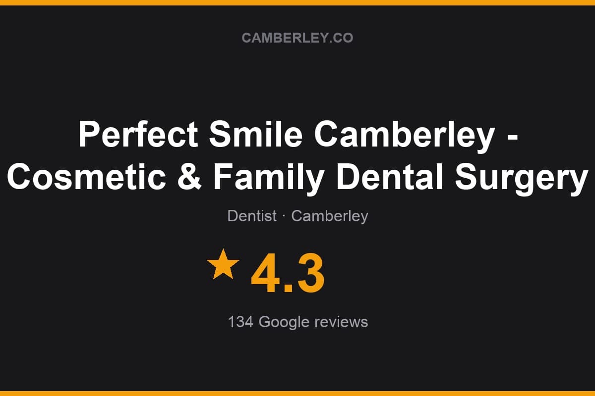 Branded Camberley.co rating card for Perfect Smile Camberley - Cosmetic & Family Dental Surgery: 4.3 stars, 134 Google reviews