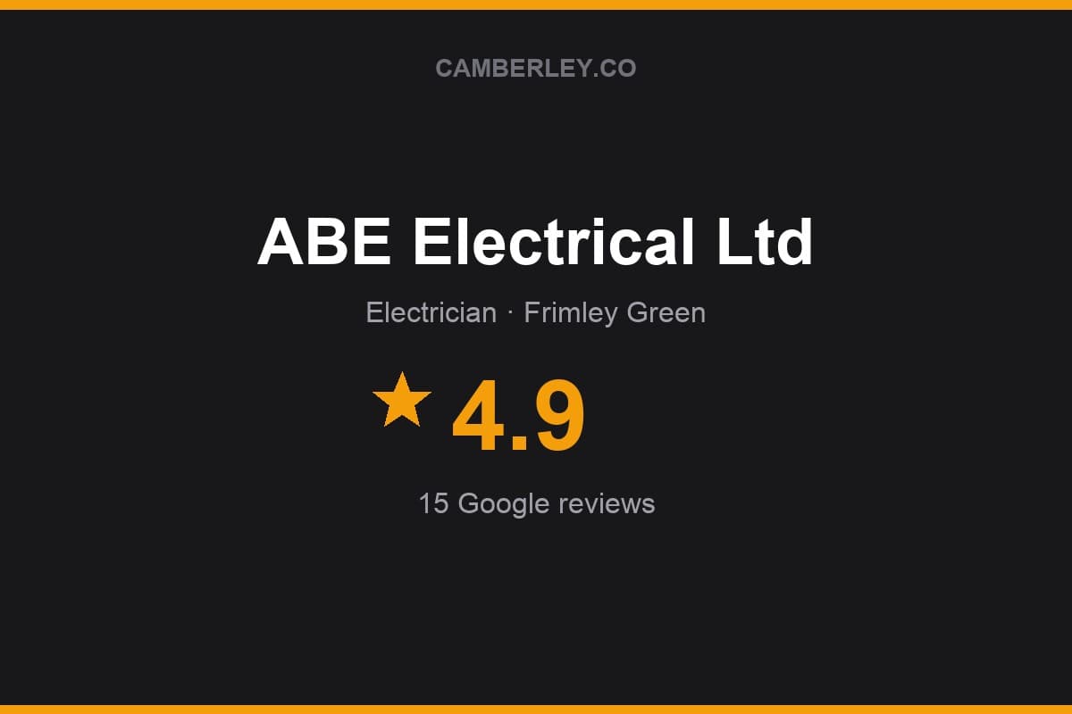 Branded Camberley.co rating card for ABE Electrical Ltd: 4.9 stars, 15 Google reviews