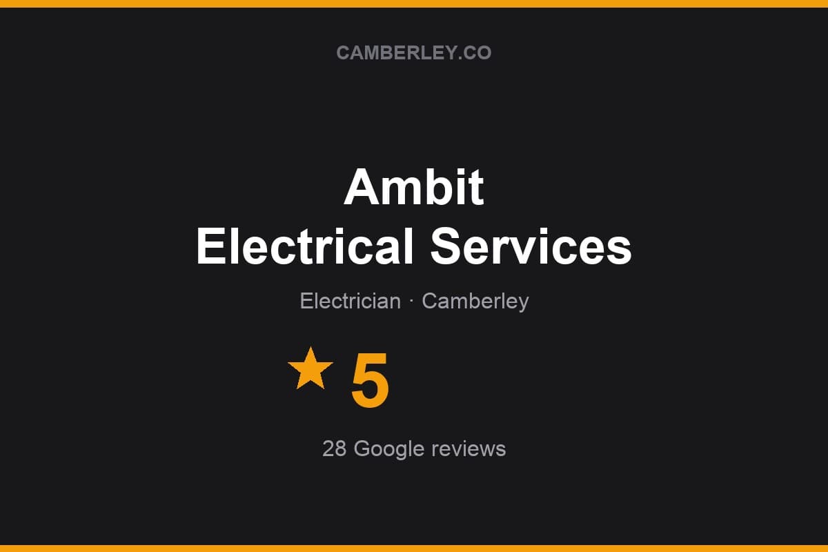 Branded Camberley.co rating card for Ambit Electrical Services: 5 stars, 28 Google reviews