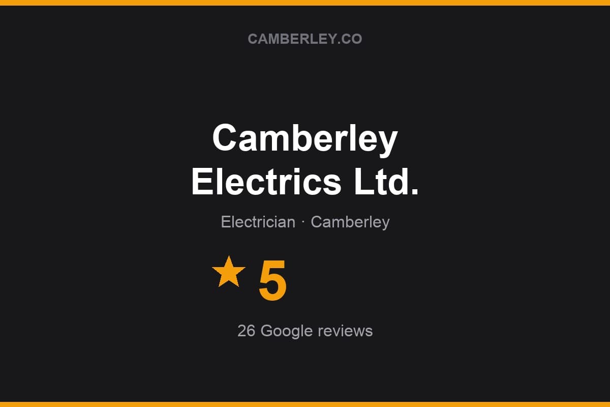 Branded Camberley.co rating card for Camberley Electrics Ltd.: 5 stars, 26 Google reviews