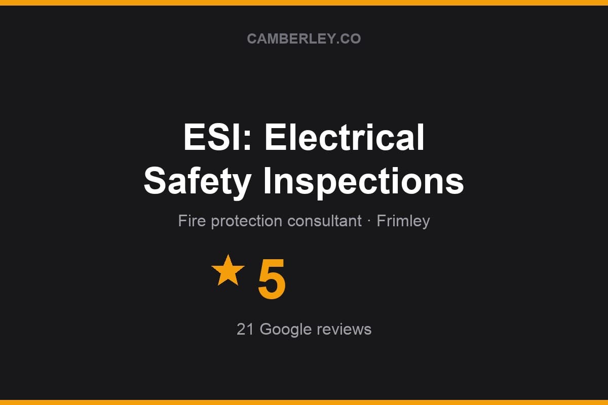 Branded Camberley.co rating card for ESI: Electrical Safety Inspections: 5 stars, 21 Google reviews