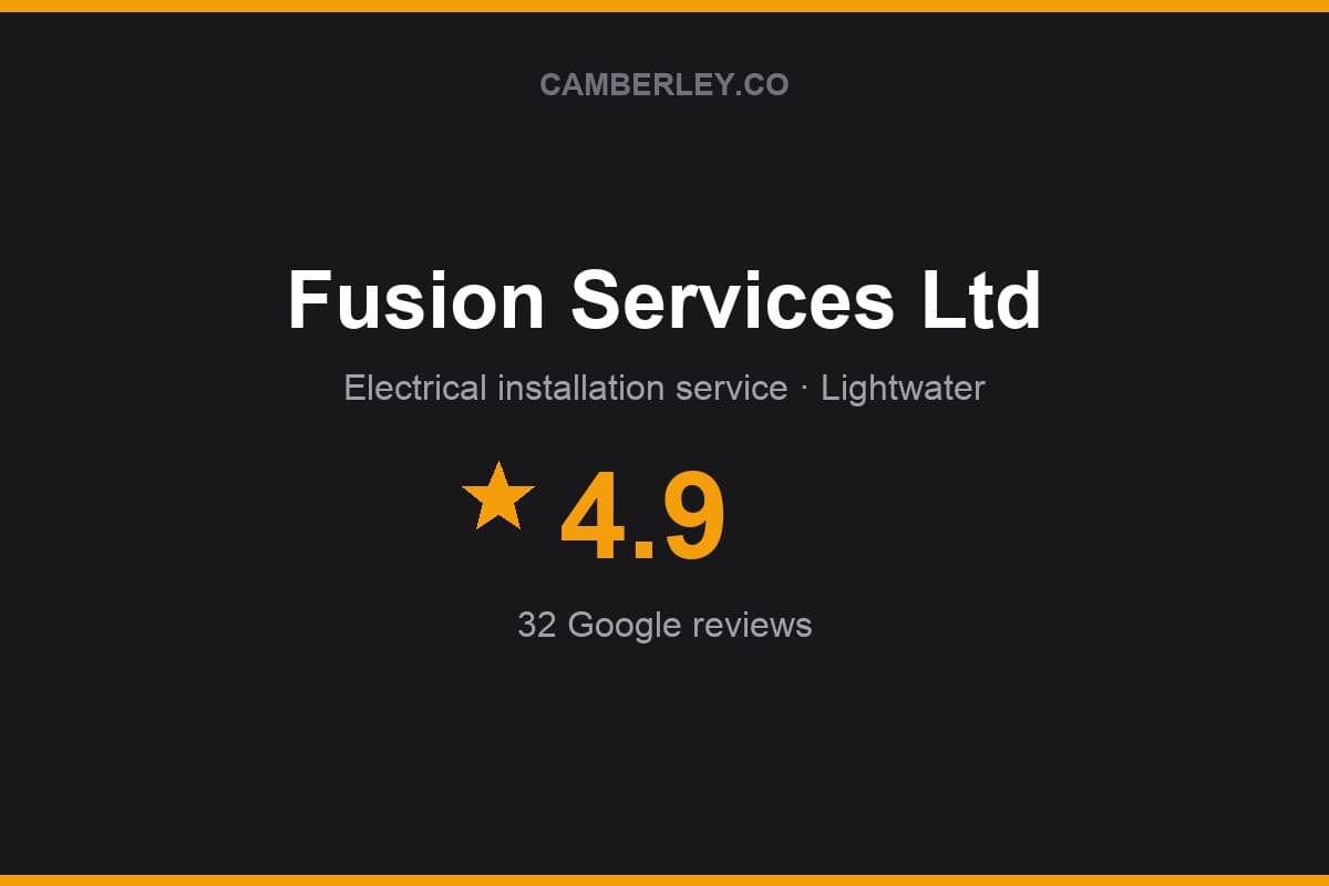 Branded Camberley.co rating card for Fusion Services Ltd: 4.9 stars, 32 Google reviews