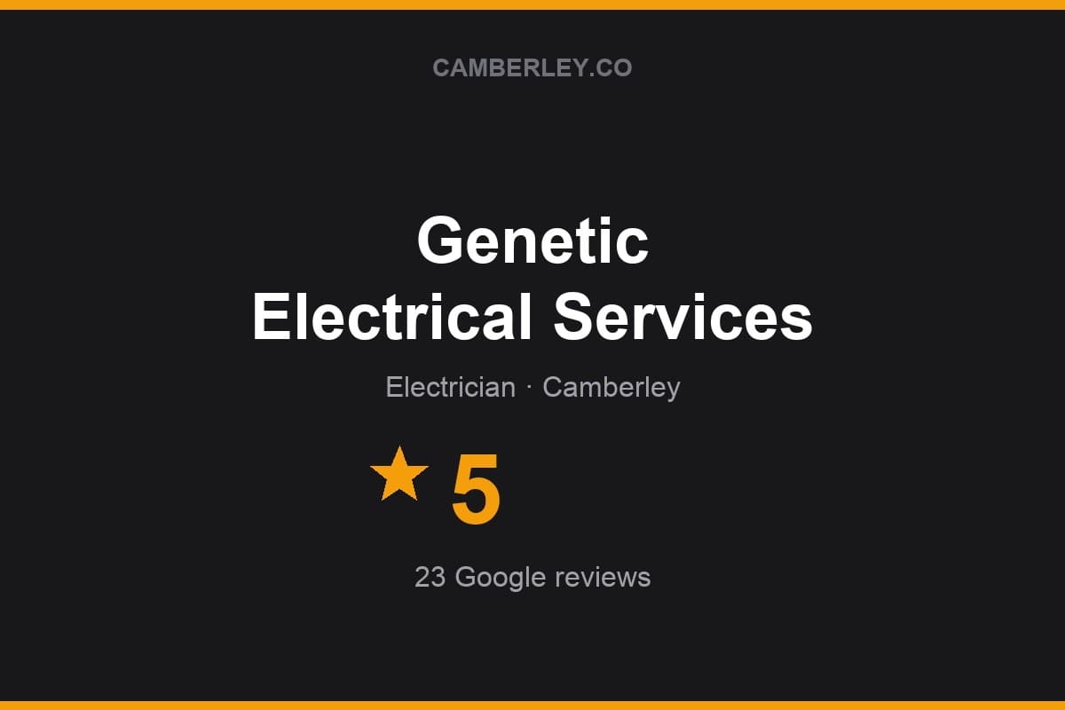 Branded Camberley.co rating card for Genetic Electrical Services: 5 stars, 23 Google reviews