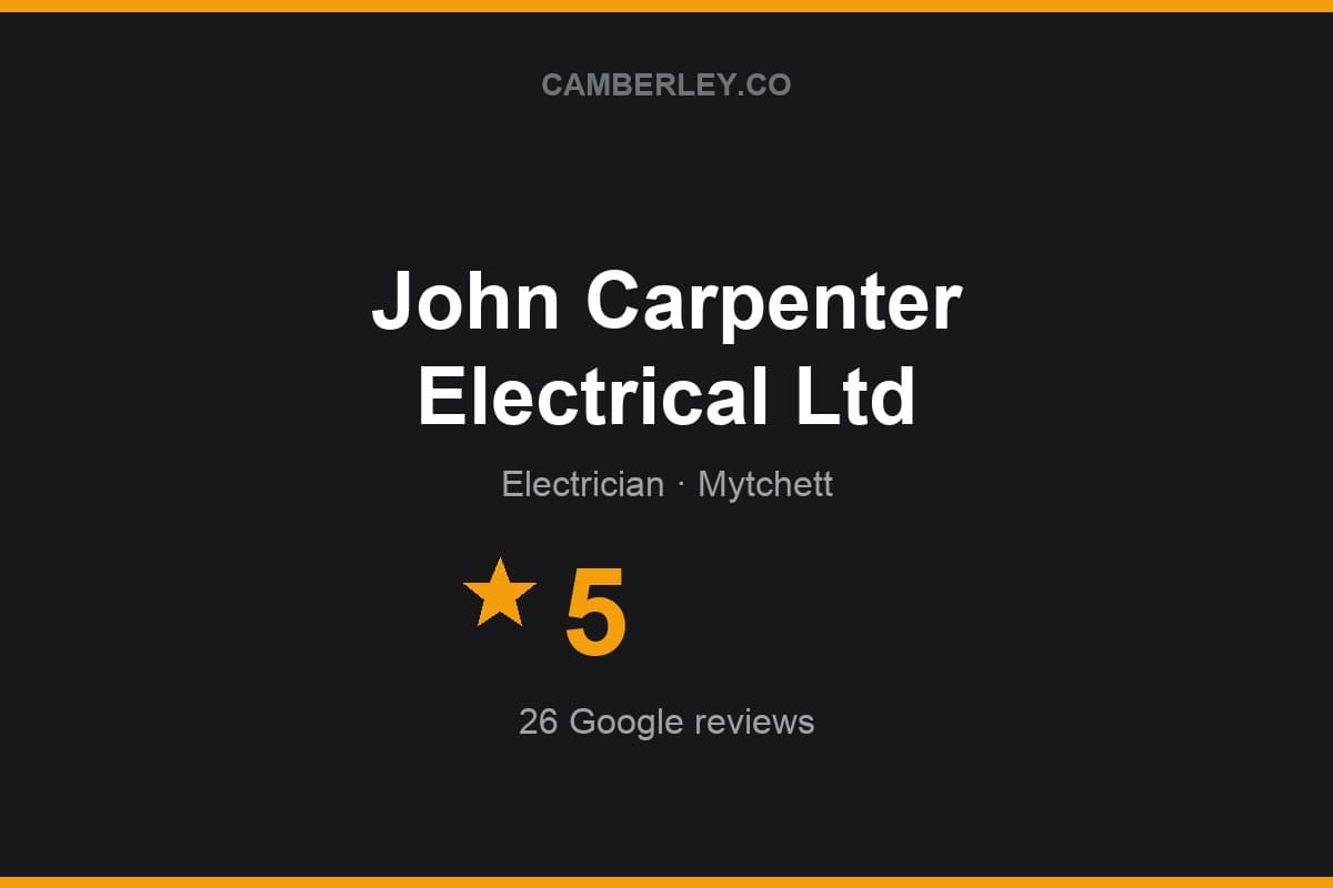 Branded Camberley.co rating card for John Carpenter Electrical Ltd: 5 stars, 26 Google reviews