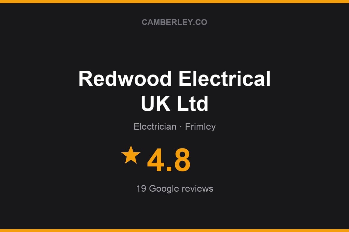 Branded Camberley.co rating card for Redwood Electrical UK Ltd: 4.8 stars, 19 Google reviews