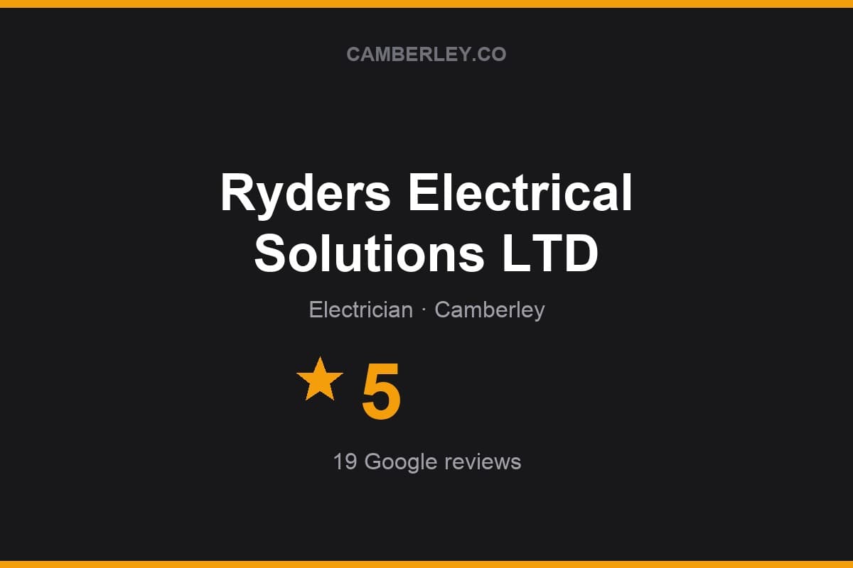 Branded Camberley.co rating card for Ryders Electrical Solutions LTD: 5 stars, 19 Google reviews