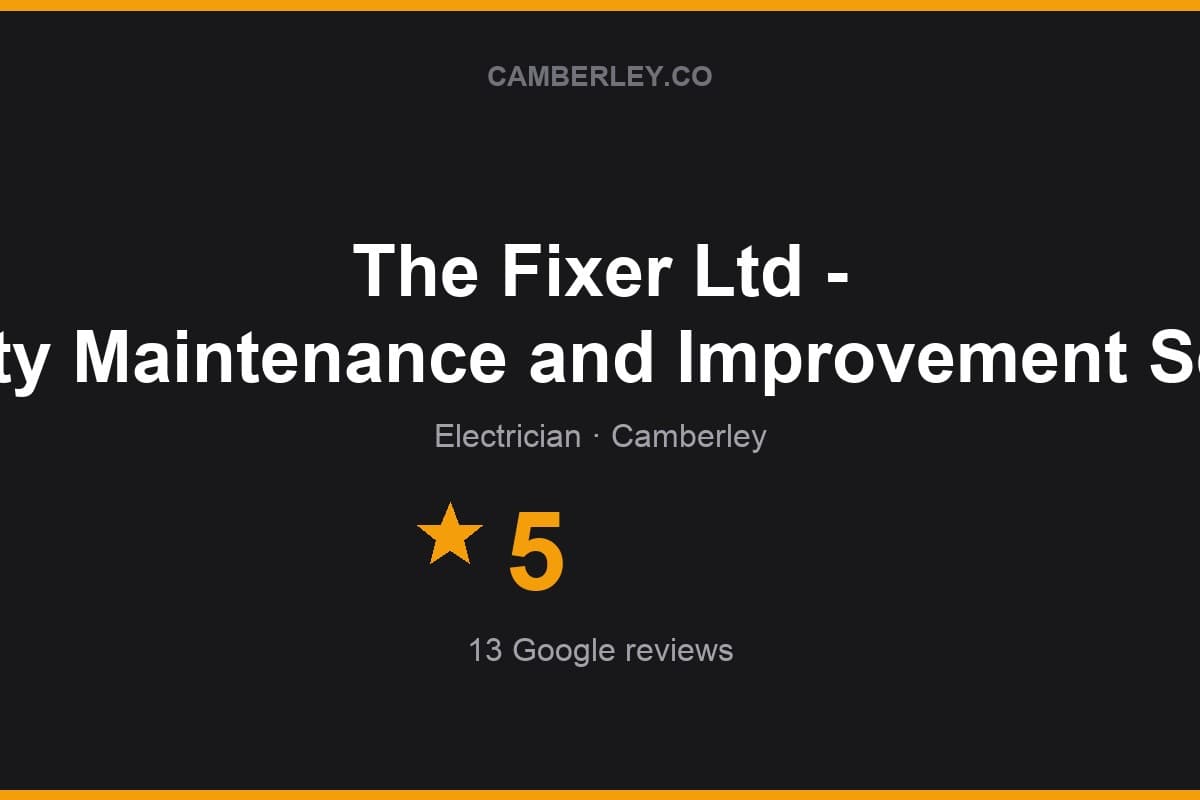 Branded Camberley.co rating card for The Fixer Ltd - Property Maintenance and Improvement Services: 5 stars, 13 Google reviews