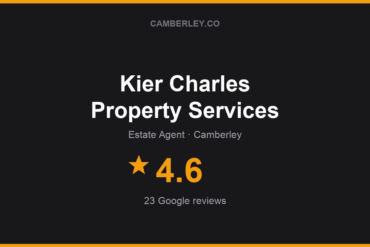 Branded Camberley.co rating card for Kier Charles Property Services: 4.6 stars, 23 Google reviews