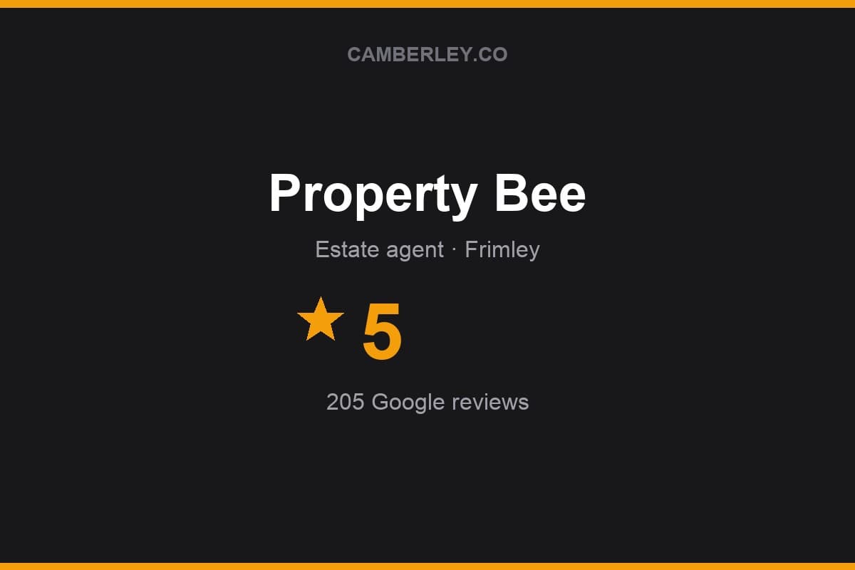Branded Camberley.co rating card for Property Bee: 5 stars, 205 Google reviews