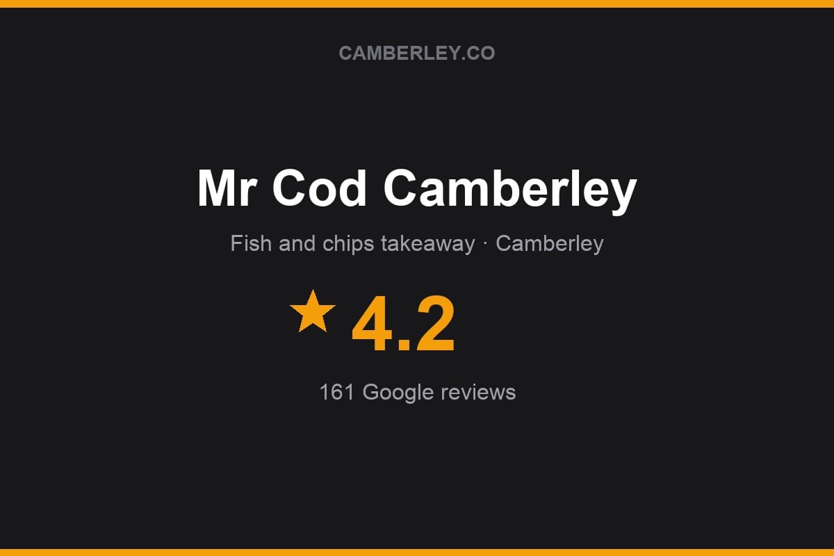 Branded Camberley.co rating card for Mr Cod Camberley: 4.2 stars, 161 Google reviews