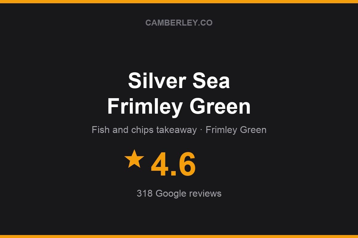 Branded Camberley.co rating card for Silver Sea Frimley Green: 4.6 stars, 318 Google reviews