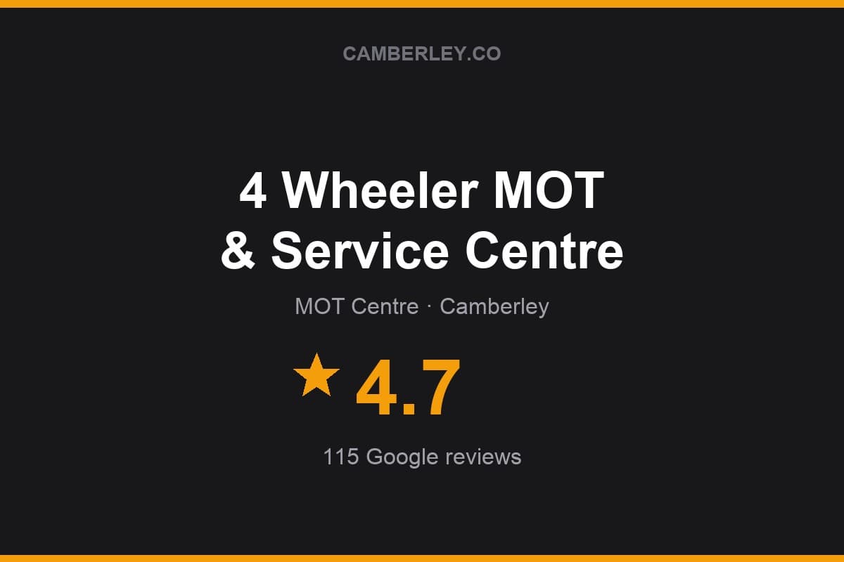 Branded Camberley.co rating card for 4 Wheeler MOT & Service Centre: 4.7 stars, 115 Google reviews
