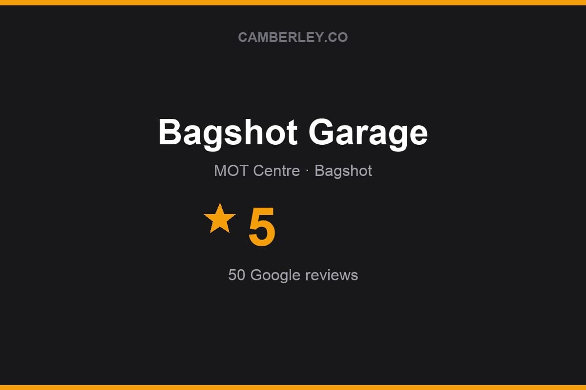 Branded Camberley.co rating card for Bagshot Garage: 5 stars, 50 Google reviews