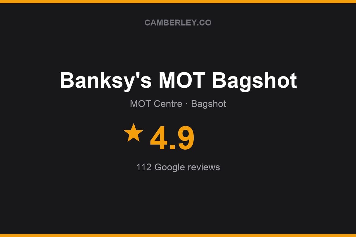 Branded Camberley.co rating card for Banksy's MOT Bagshot: 4.9 stars, 112 Google reviews