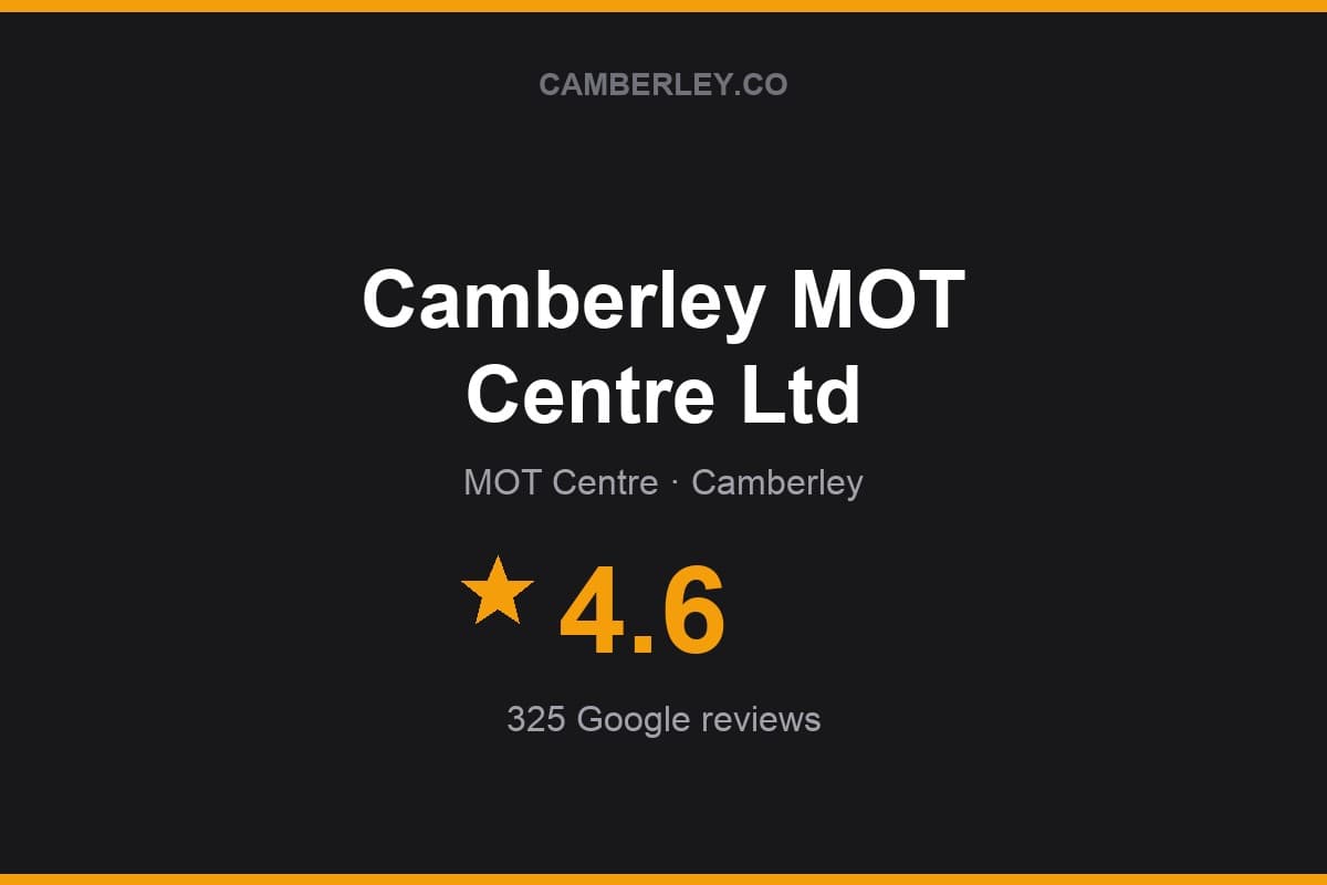 Branded Camberley.co rating card for Camberley MOT Centre Ltd: 4.6 stars, 325 Google reviews