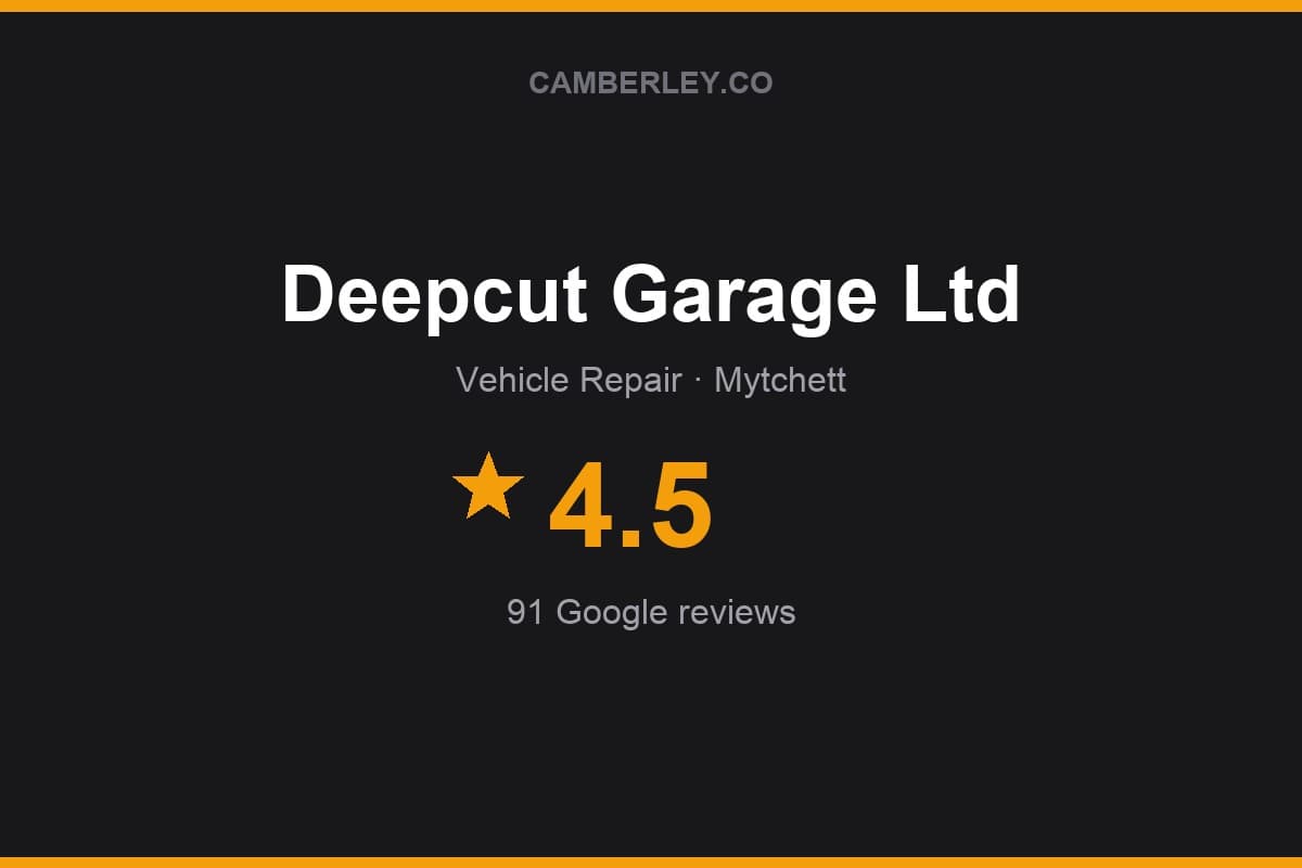 Branded Camberley.co rating card for Deepcut Garage Ltd: 4.5 stars, 91 Google reviews