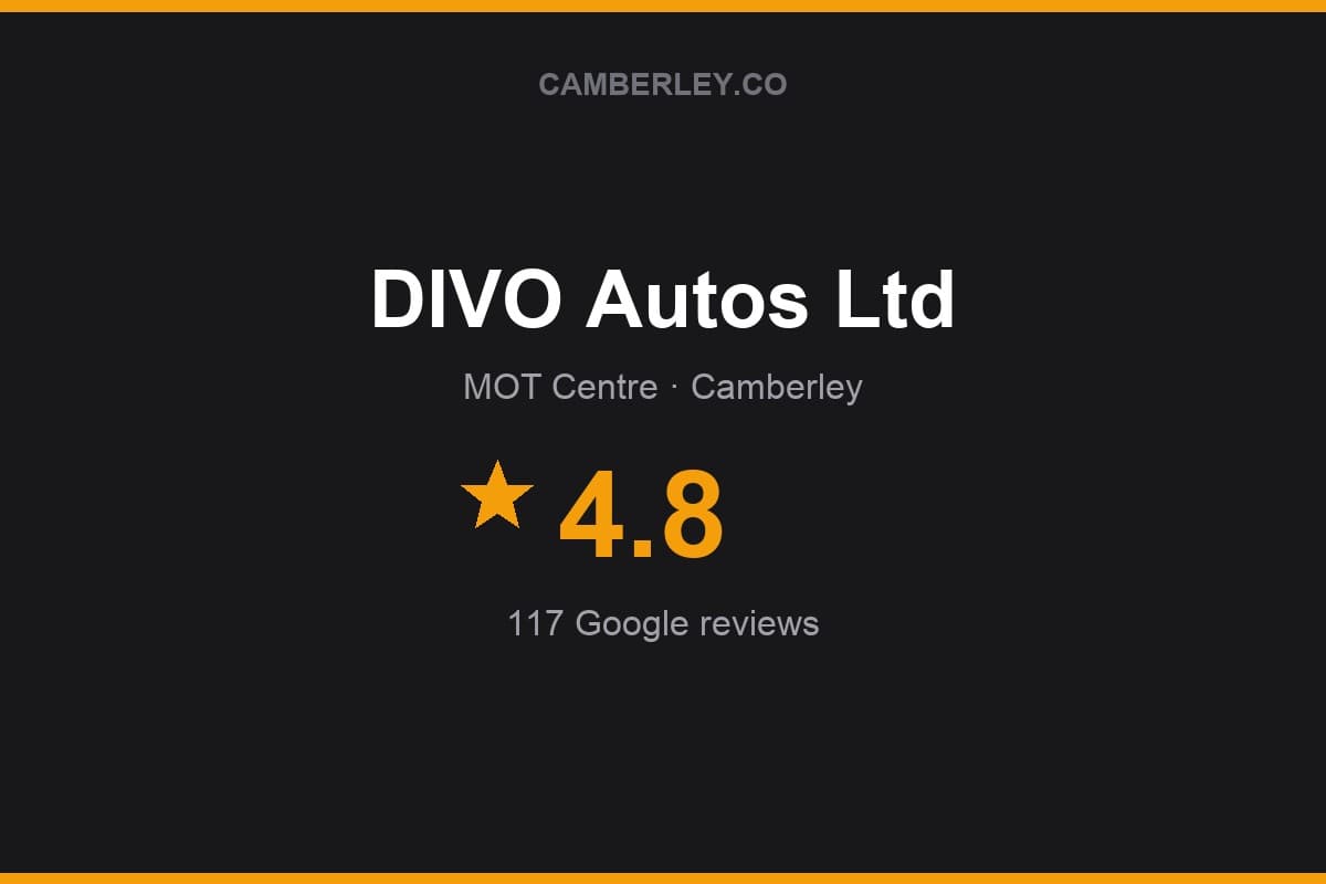 Branded Camberley.co rating card for DIVO Autos Ltd: 4.8 stars, 117 Google reviews