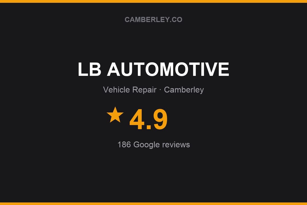 Branded Camberley.co rating card for LB AUTOMOTIVE: 4.9 stars, 186 Google reviews