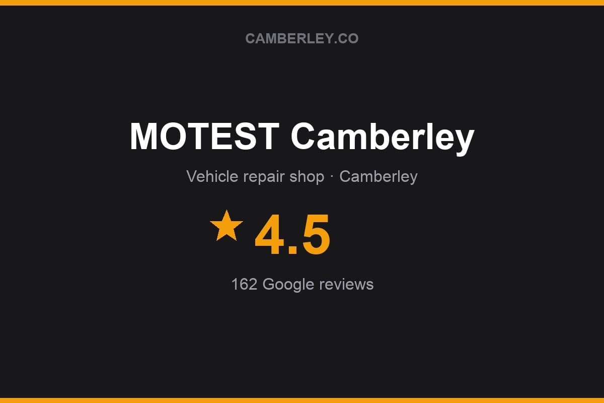 Branded Camberley.co rating card for MOTEST Camberley: 4.5 stars, 162 Google reviews