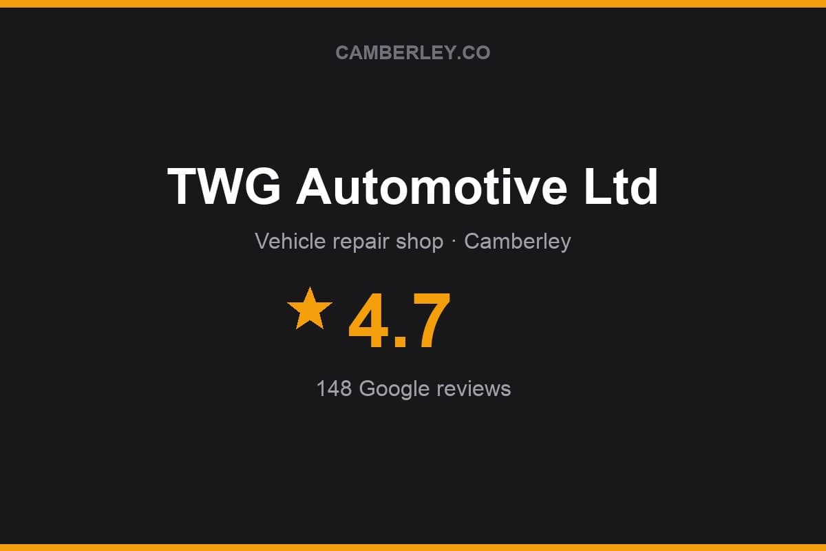 Branded Camberley.co rating card for TWG Automotive Ltd: 4.7 stars, 148 Google reviews