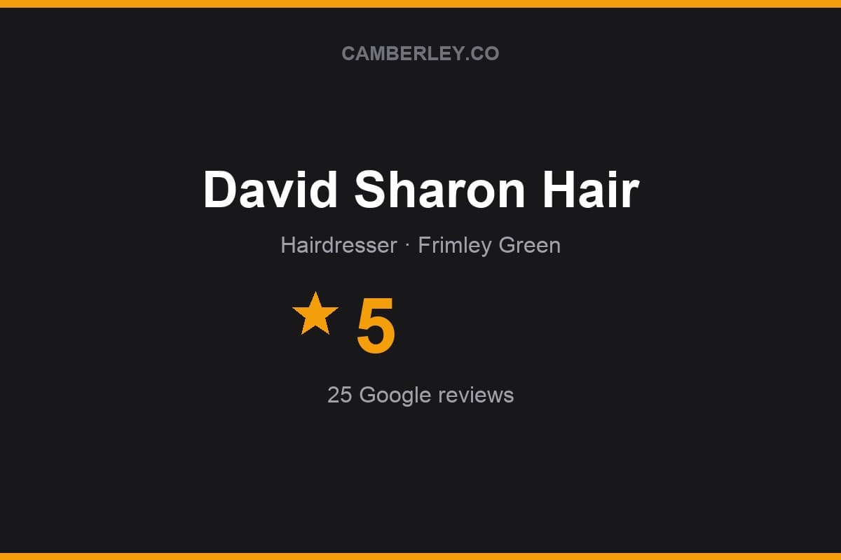 Branded Camberley.co rating card for David Sharon Hair: 5 stars, 25 Google reviews