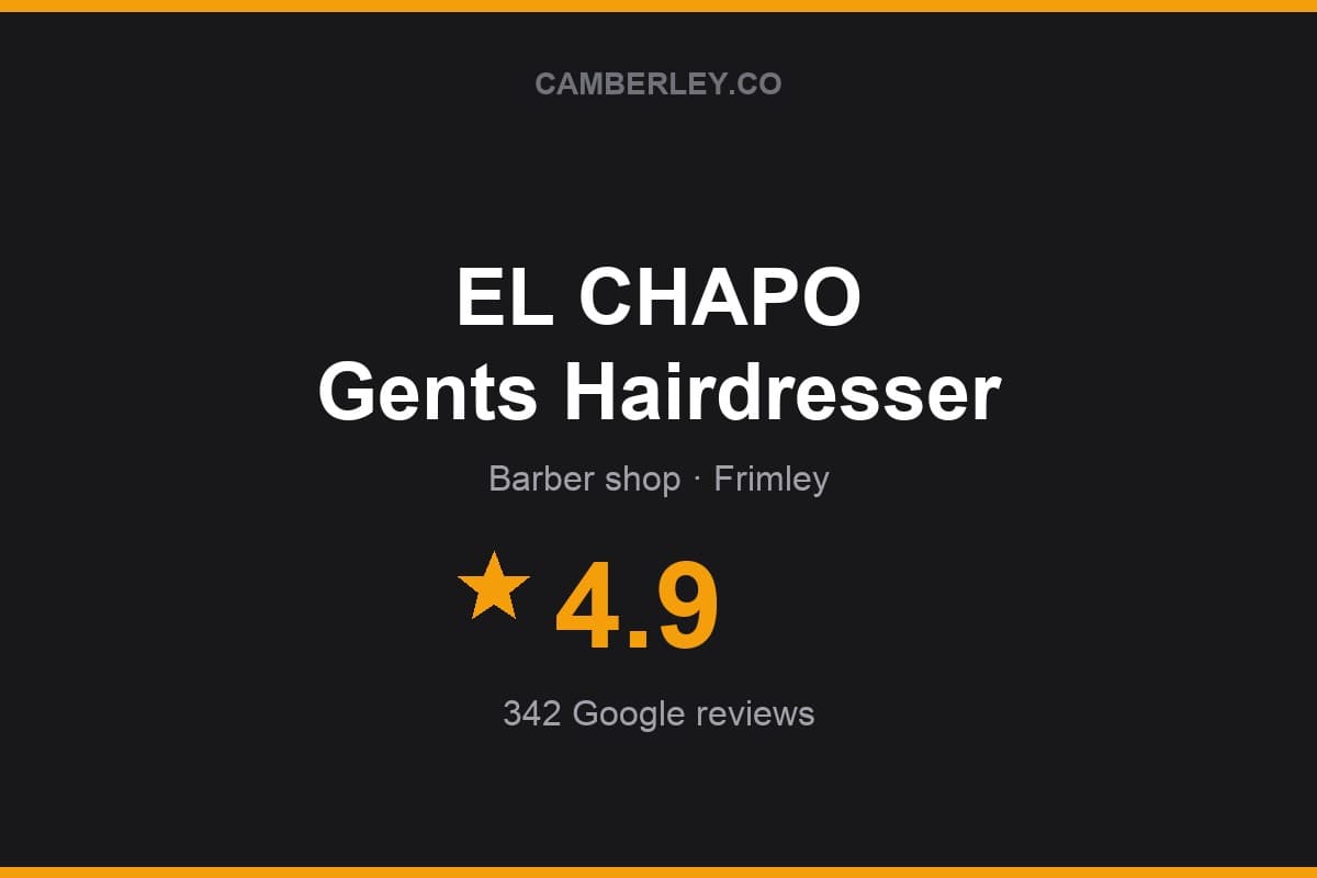 Branded Camberley.co rating card for EL CHAPO Gents Hairdresser: 4.9 stars, 342 Google reviews