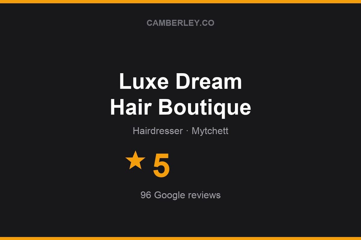 Branded Camberley.co rating card for Luxe Dream Hair Boutique: 5 stars, 96 Google reviews