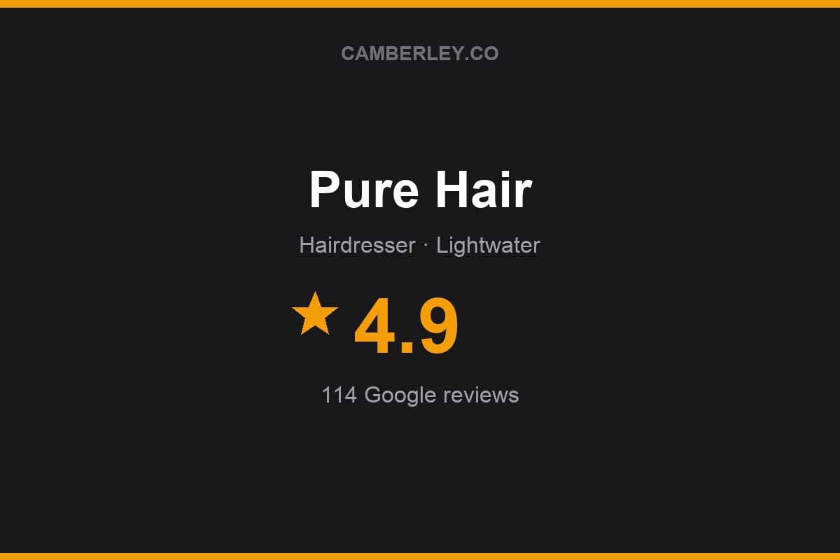 Branded Camberley.co rating card for Pure Hair: 4.9 stars, 114 Google reviews