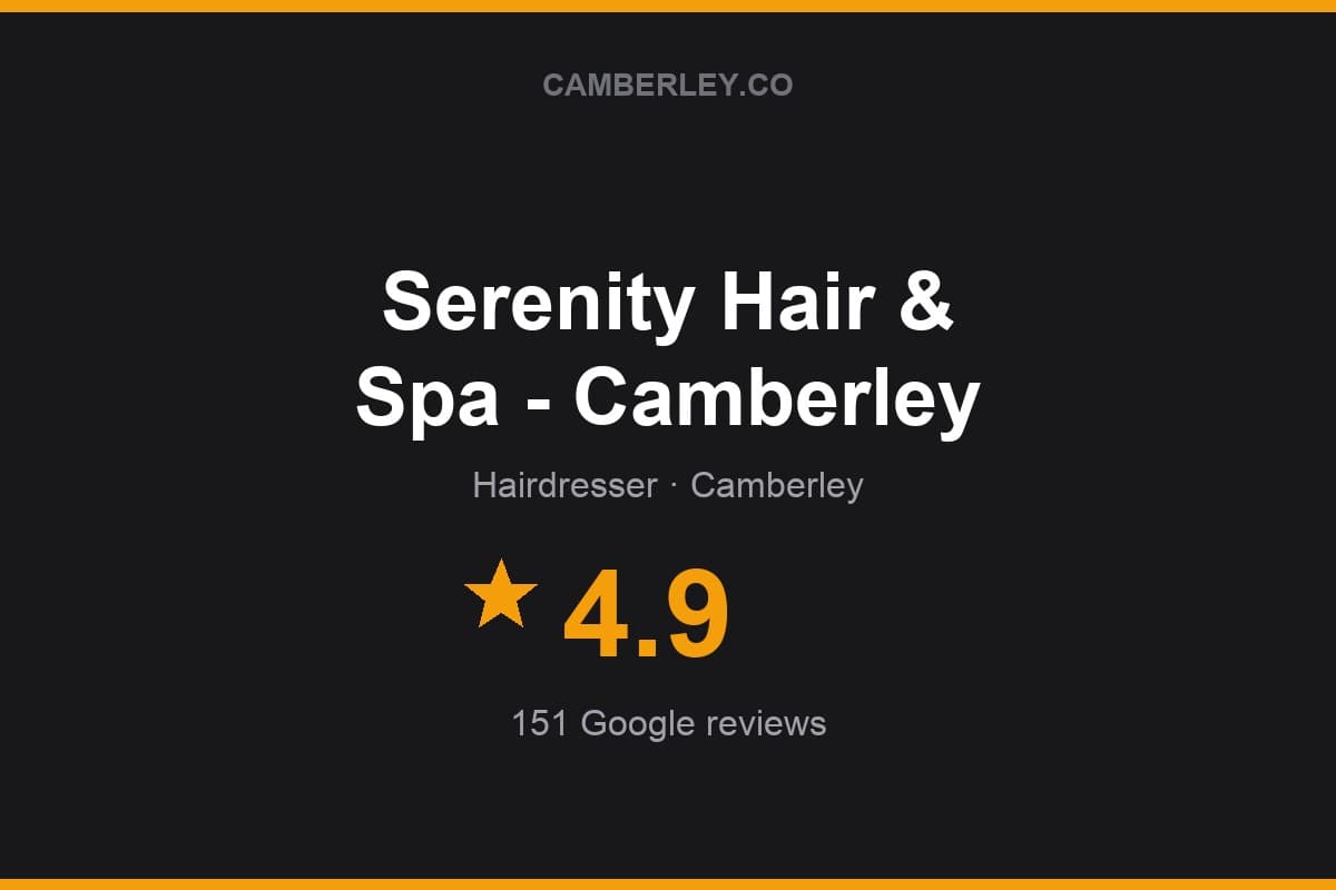 Branded Camberley.co rating card for Serenity Hair & Spa - Camberley: 4.9 stars, 151 Google reviews