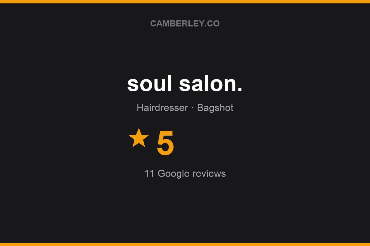 Branded Camberley.co rating card for soul salon.: 5 stars, 11 Google reviews