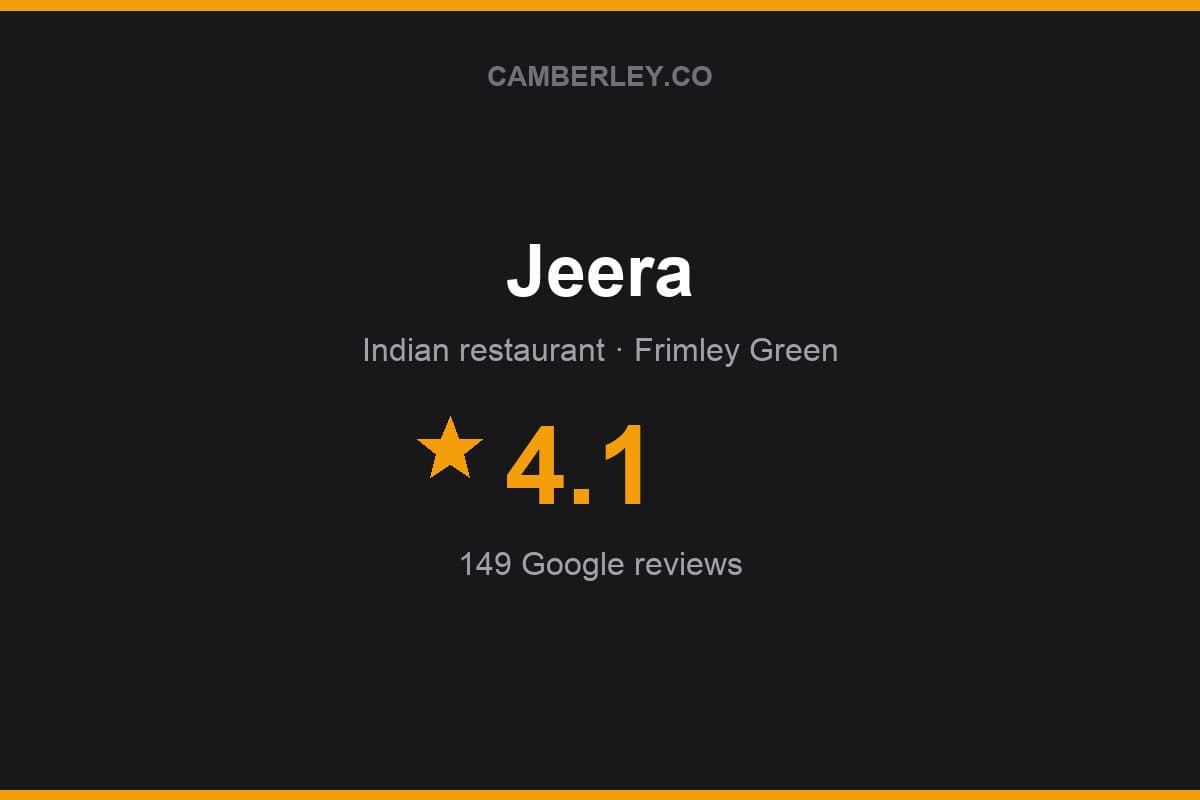 Branded Camberley.co rating card for Jeera: 4.1 stars, 149 Google reviews