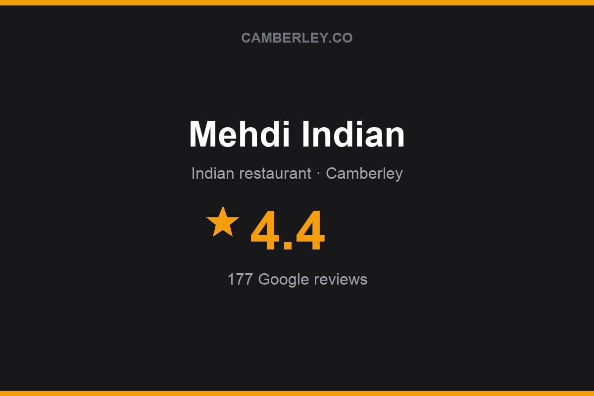 Branded Camberley.co rating card for Mehdi Indian: 4.4 stars, 177 Google reviews