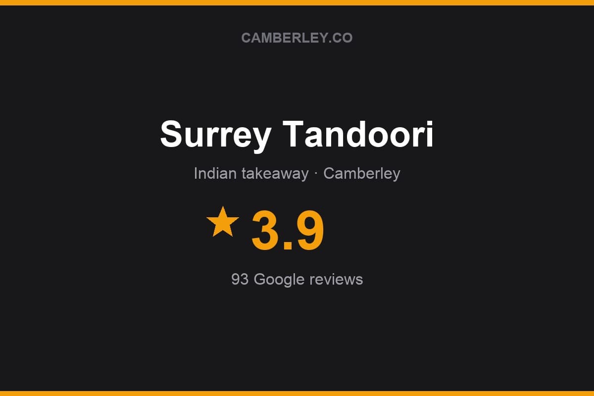 Branded Camberley.co rating card for Surrey Tandoori: 3.9 stars, 93 Google reviews