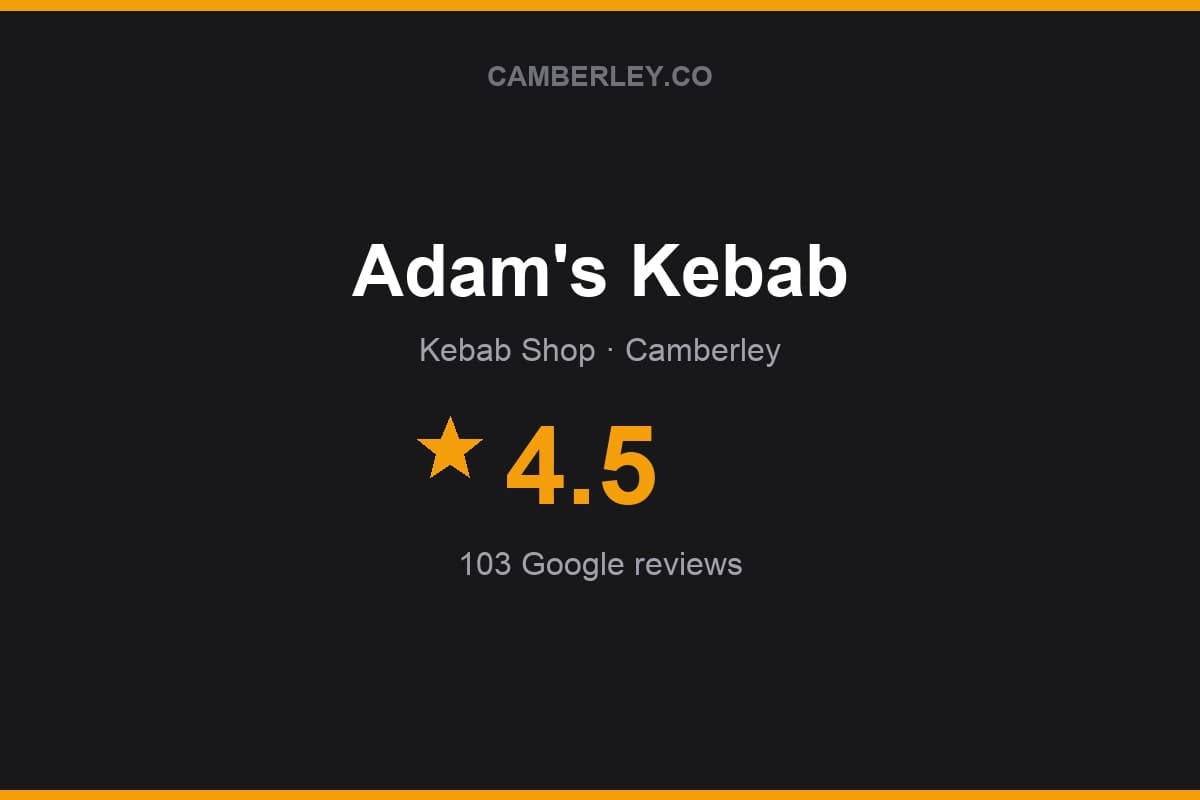 Branded Camberley.co rating card for Adam's Kebab: 4.5 stars, 103 Google reviews