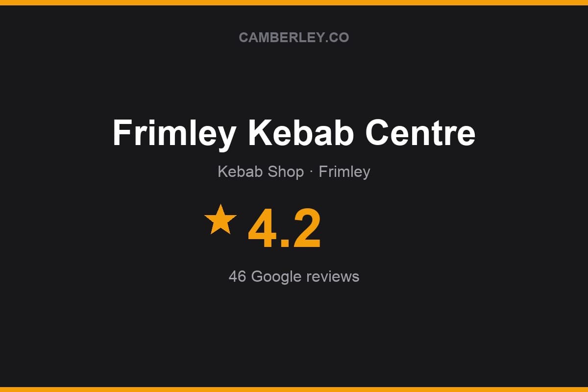 Branded Camberley.co rating card for Frimley Kebab Centre: 4.2 stars, 46 Google reviews