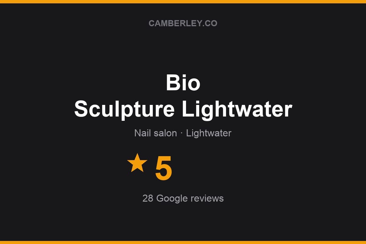 Branded Camberley.co rating card for Bio Sculpture Lightwater: 5 stars, 28 Google reviews
