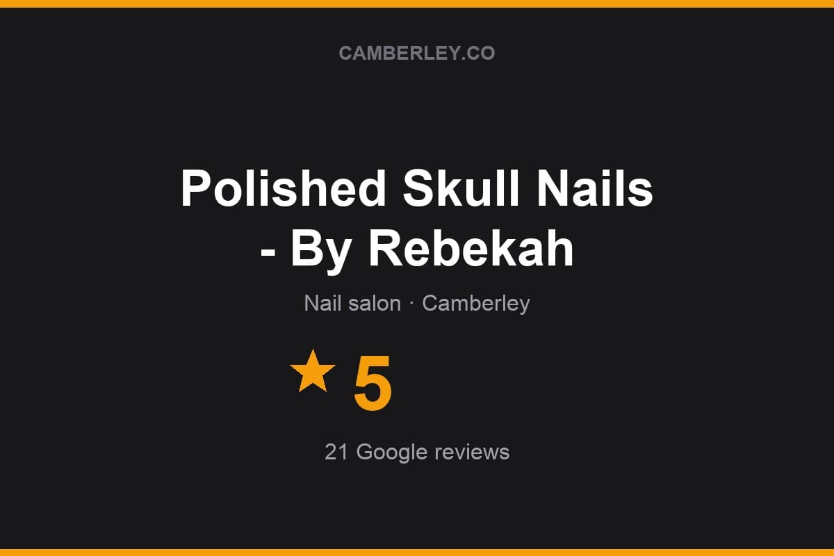 Branded Camberley.co rating card for Polished Skull Nails - By Rebekah: 5 stars, 21 Google reviews