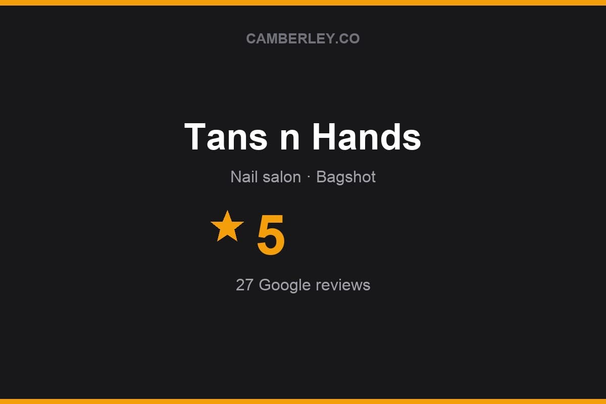 Branded Camberley.co rating card for Tans n Hands: 5 stars, 27 Google reviews