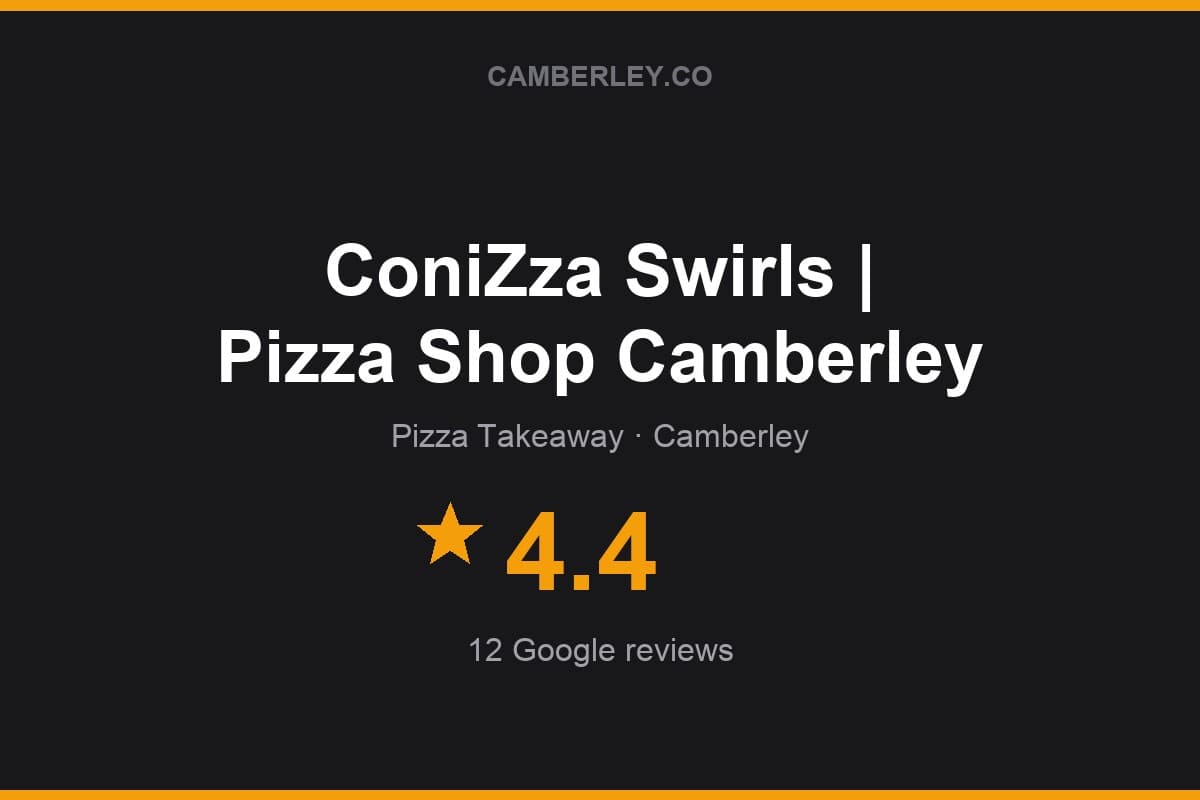 Branded Camberley.co rating card for ConiZza Swirls | Pizza Shop Camberley: 4.4 stars, 12 Google reviews