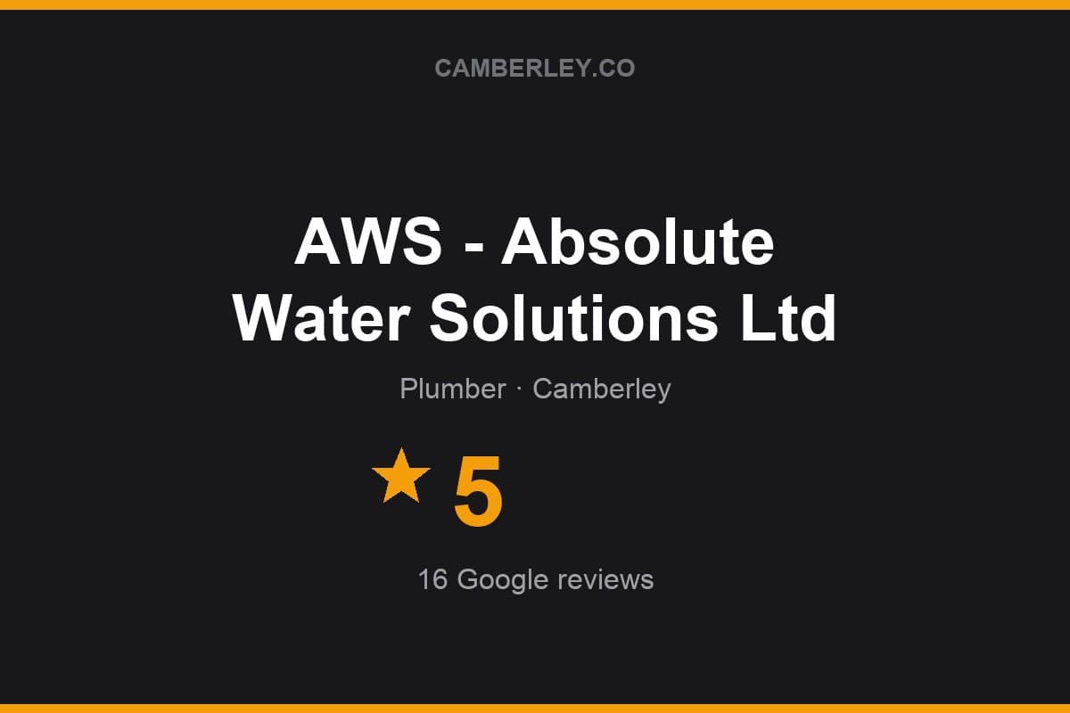 Branded Camberley.co rating card for AWS - Absolute Water Solutions Ltd: 5 stars, 16 Google reviews